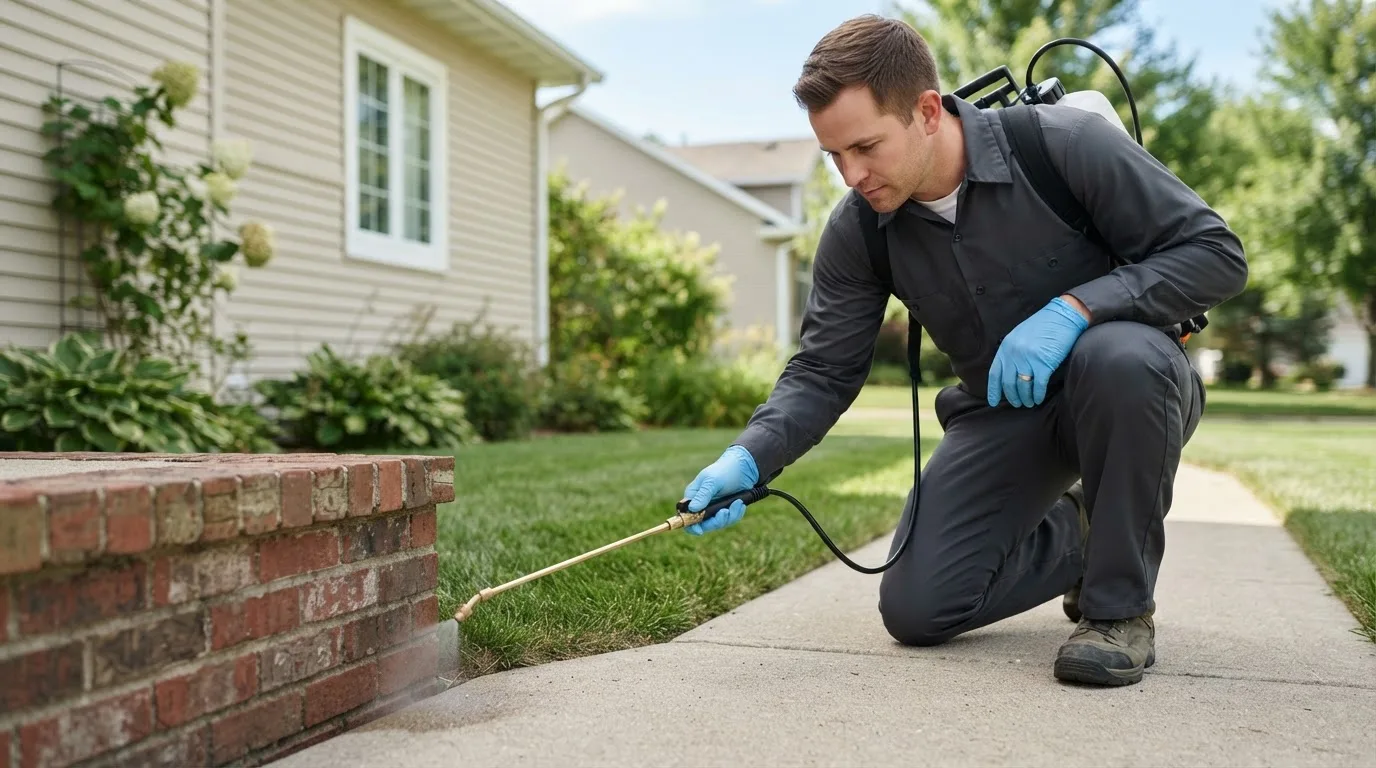 Pest control technician treating a home near Plainfield, VT
